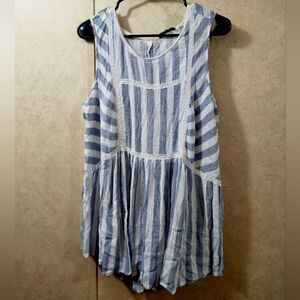 Boho Blue & White Striped Sleeveless Tunic Top with Lace Trim
